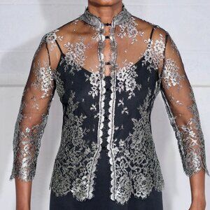 Silver and Black Eyelah Lace Snap-Up Blouse - Size Medium